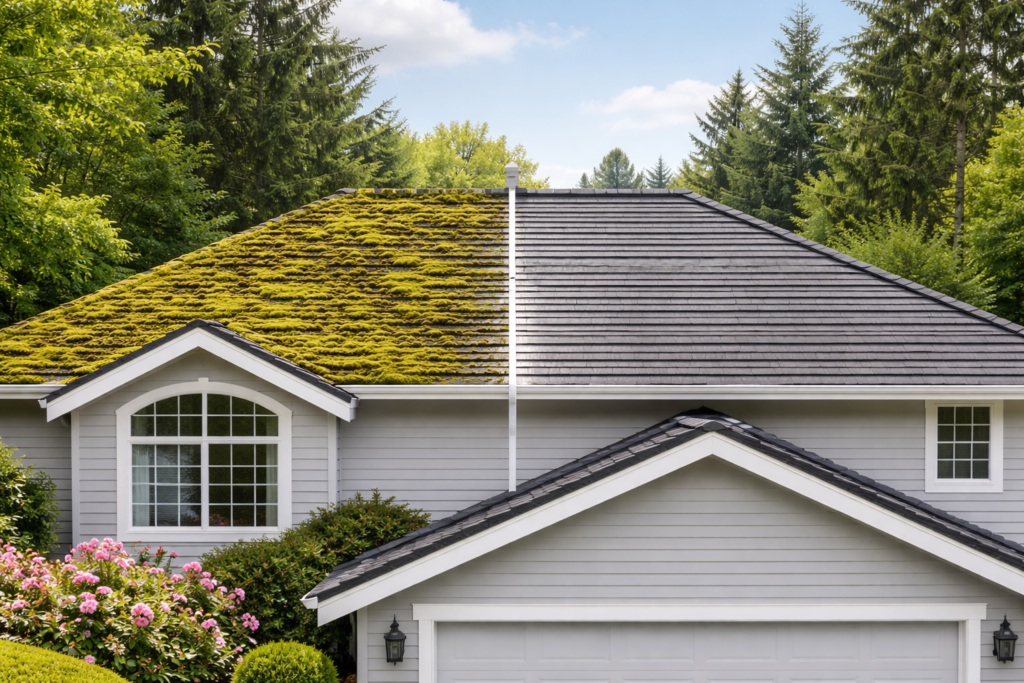 Before and after roof moss removal in Burnaby showing cleaned shingles